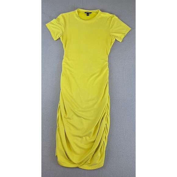 Express Dresses & Skirts - Express T-Shirt‎ Dress XXS Crew Neck Chartreuse Neon Yellow Ruched Beach Bodycon